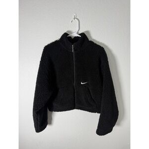 Nike Black White Sherpa Active Swoosh Cropped Faux Fur Jacket Size Small